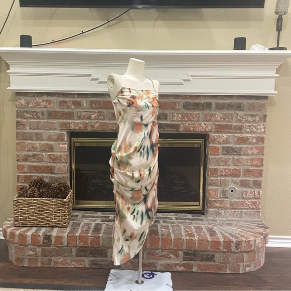 Green & orange abstract patterned satin dress / XS / Excellent condition - Picture 8 of 13